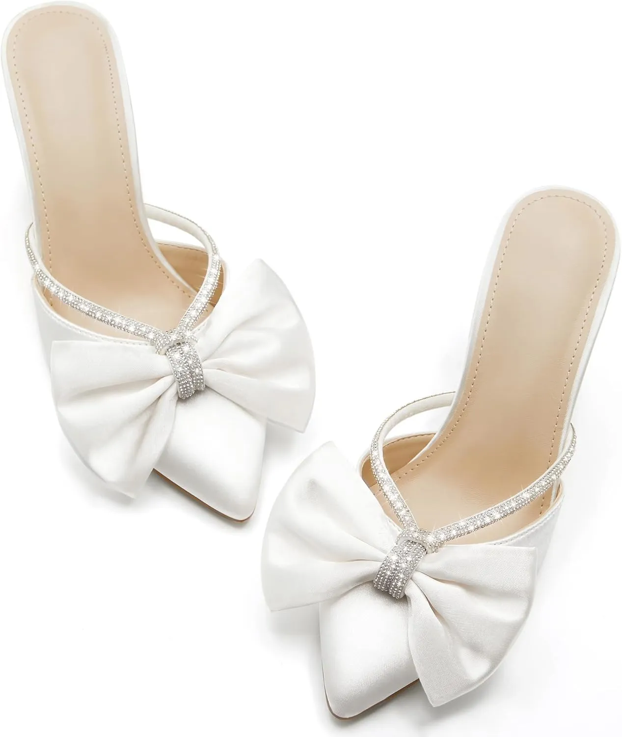 Coutgo Womens Bow Heels Mules Pointed Closed Toe Sandals Rhinestone Satin Backless Wedding Shoes