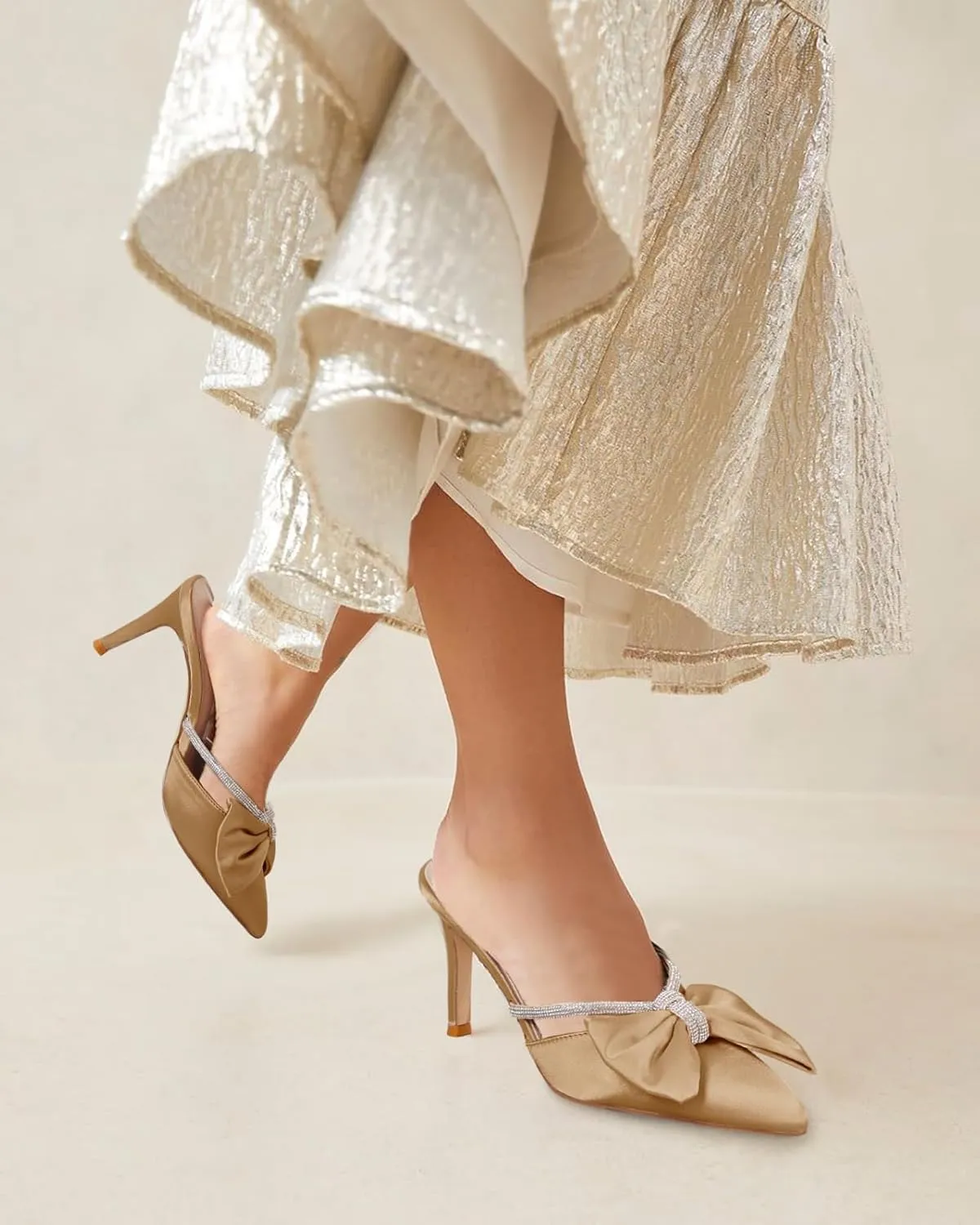 Coutgo Womens Bow Heels Mules Pointed Closed Toe Sandals Rhinestone Satin Backless Wedding Shoes