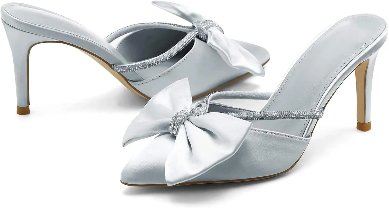 Coutgo Womens Bow Heels Mules Pointed Closed Toe Sandals Rhinestone Satin Backless Wedding Shoes