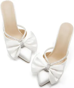 Coutgo Womens Bow Heels Mules Pointed Closed Toe Sandals Rhinestone Satin Backless Wedding Shoes