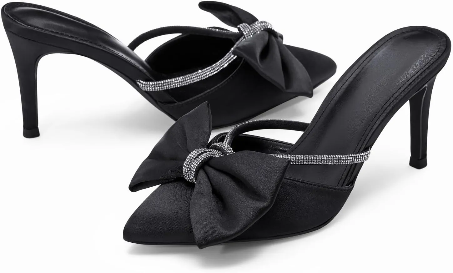 Coutgo Womens Bow Heels Mules Pointed Closed Toe Sandals Rhinestone Satin Backless Wedding Shoes