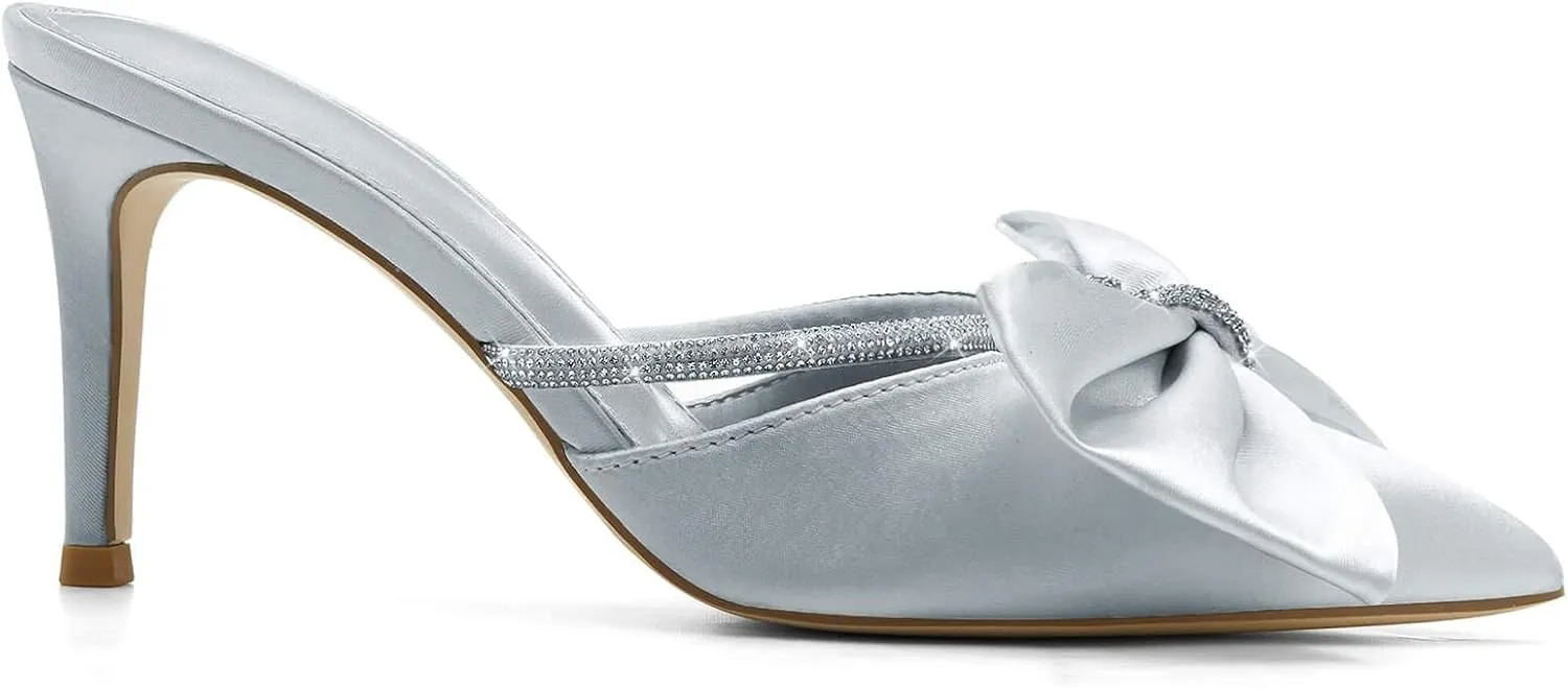 Coutgo Womens Bow Heels Mules Pointed Closed Toe Sandals Rhinestone Satin Backless Wedding Shoes