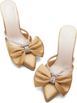 Coutgo Womens Bow Heels Mules Pointed Closed Toe Sandals Rhinestone Satin Backless Wedding Shoes