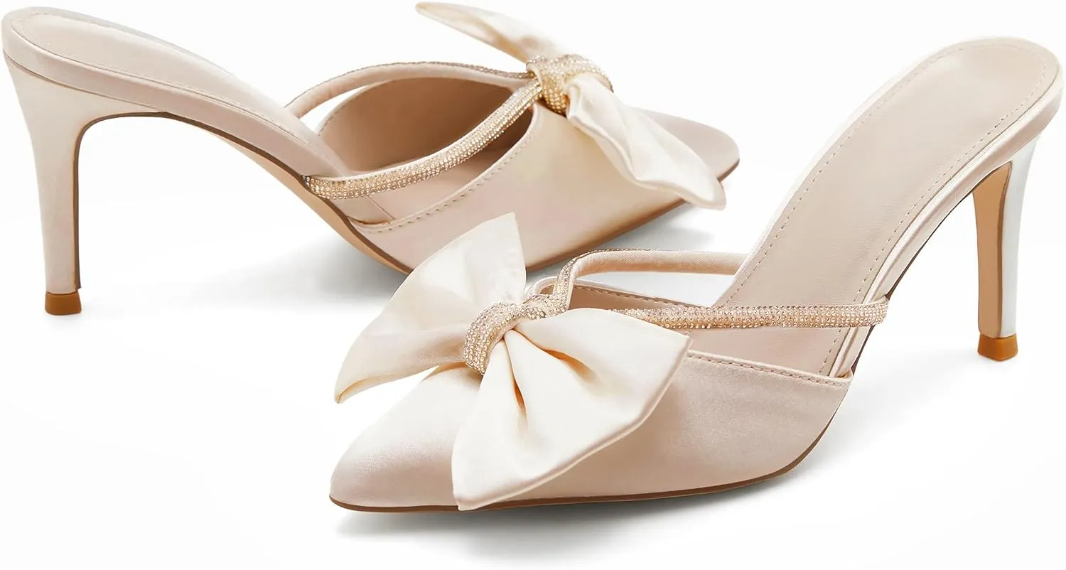 Coutgo Womens Bow Heels Mules Pointed Closed Toe Sandals Rhinestone Satin Backless Wedding Shoes