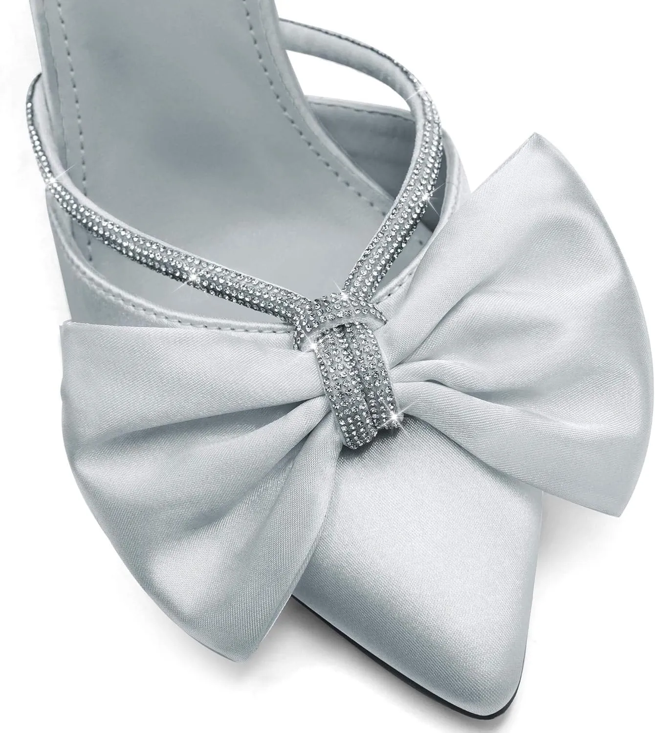 Coutgo Womens Bow Heels Mules Pointed Closed Toe Sandals Rhinestone Satin Backless Wedding Shoes