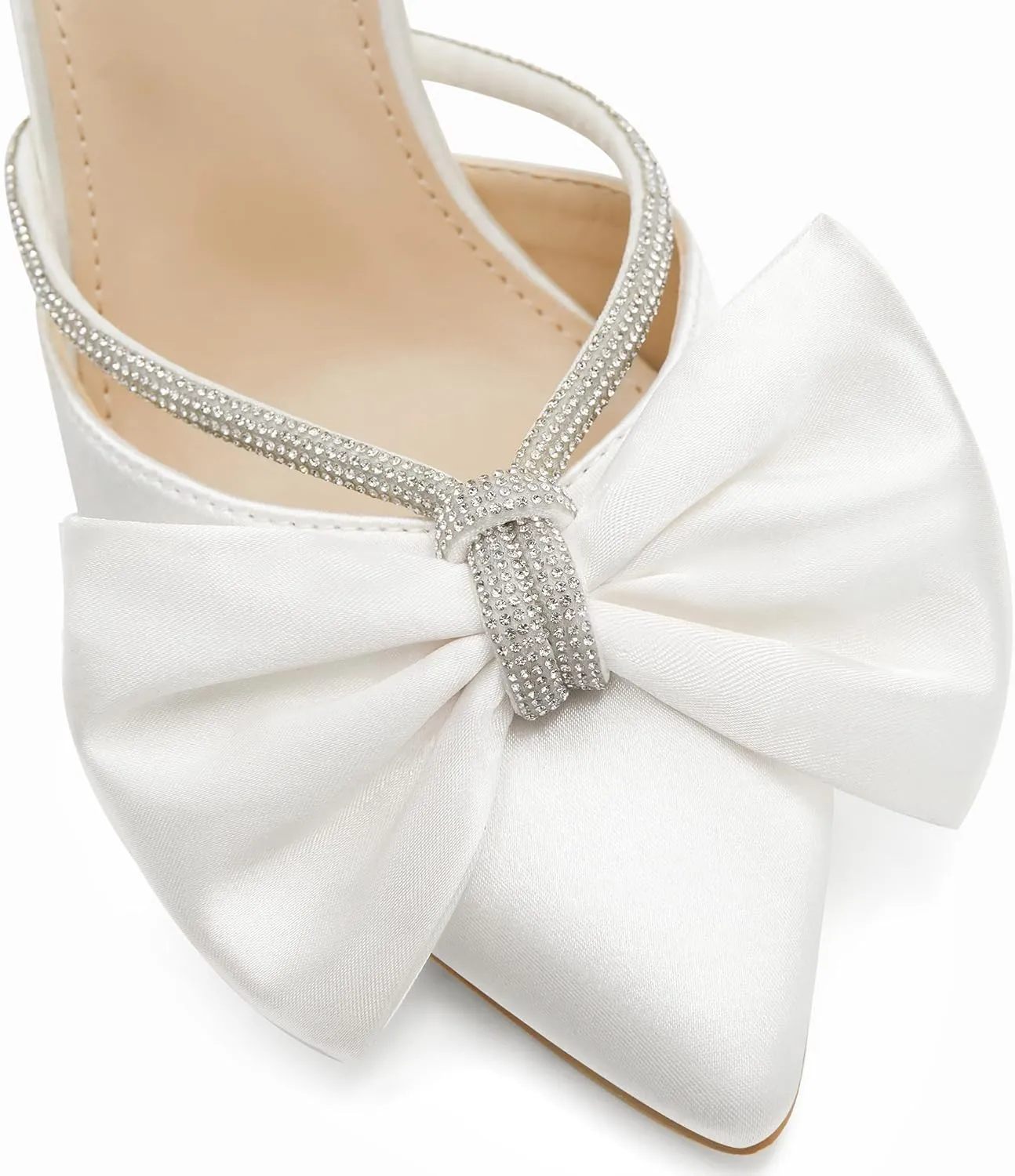 Coutgo Womens Bow Heels Mules Pointed Closed Toe Sandals Rhinestone Satin Backless Wedding Shoes