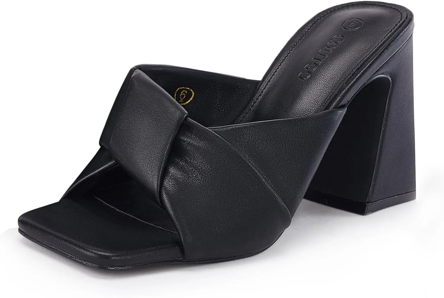 Coutgo Womens Chunky Heeled Mules Puffy Knot Square Open Toe Slip On Sandals Summer Evening Party Prom Shoes