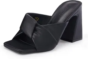 Coutgo Womens Chunky Heeled Mules Puffy Knot Square Open Toe Slip On Sandals Summer Evening Party Prom Shoes