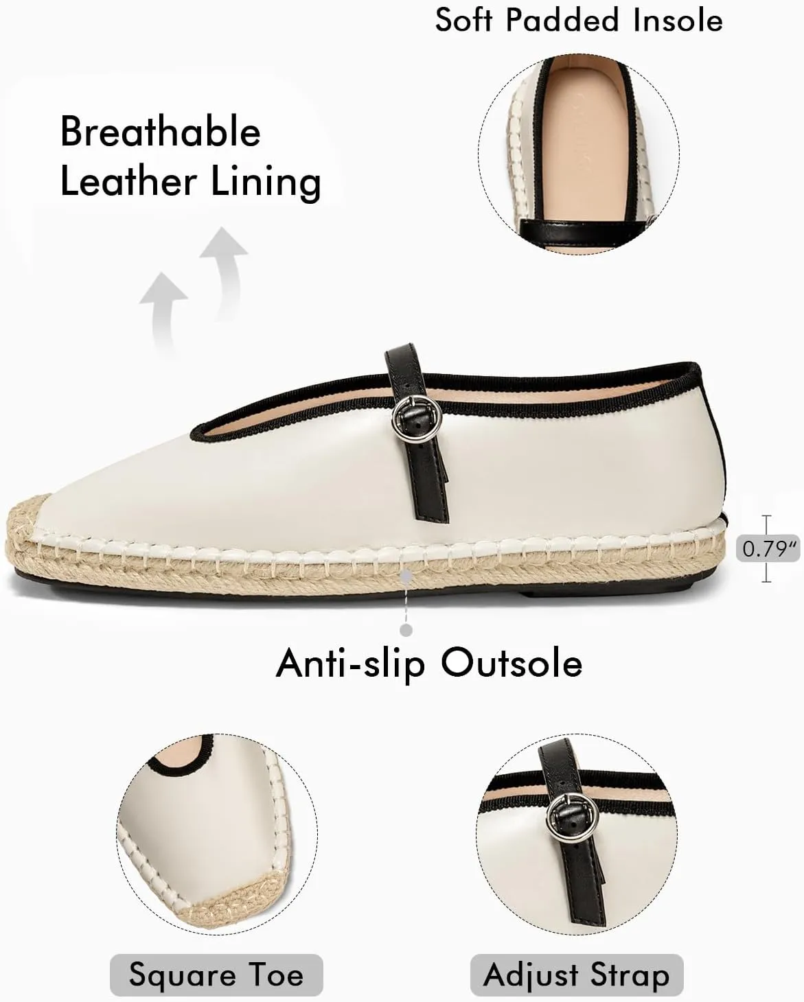 Coutgo Womens Espadrilles Mary Jane Flats Closed Sqaure Toe Mesh Ballet Flats Comfortable Dress Shoes