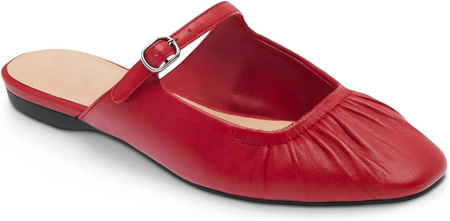 Coutgo Womens Mules Mary Jane Flats Closed Toe Pleated Slip on Shoes Dressy Casual Slides