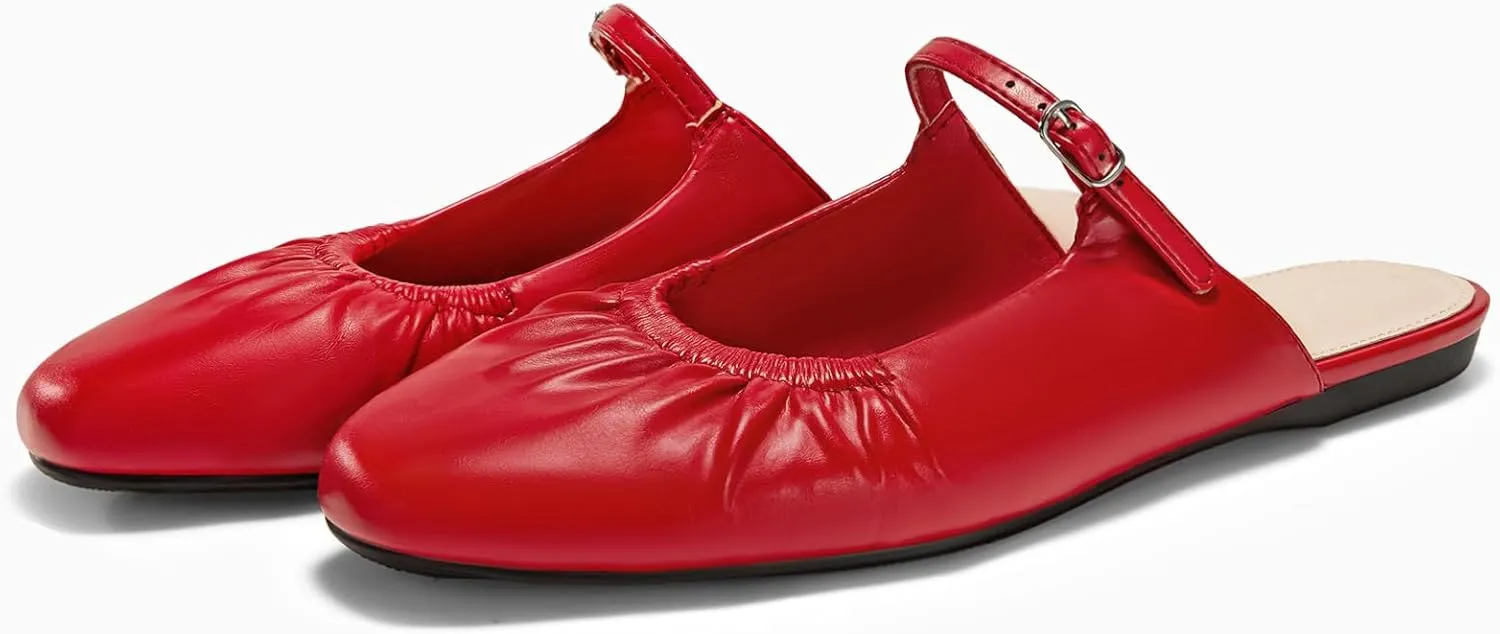Coutgo Womens Mules Mary Jane Flats Closed Toe Pleated Slip on Shoes Dressy Casual Slides