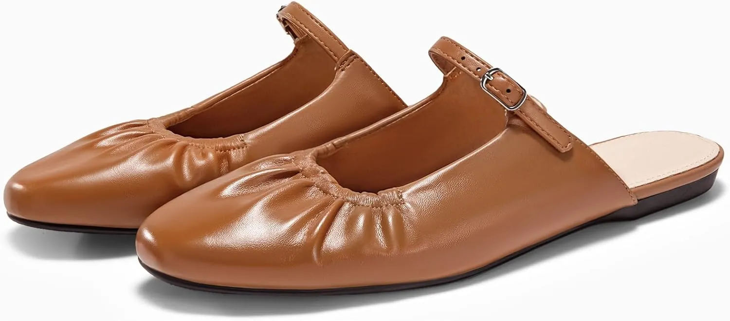 Coutgo Womens Mules Mary Jane Flats Closed Toe Pleated Slip on Shoes Dressy Casual Slides
