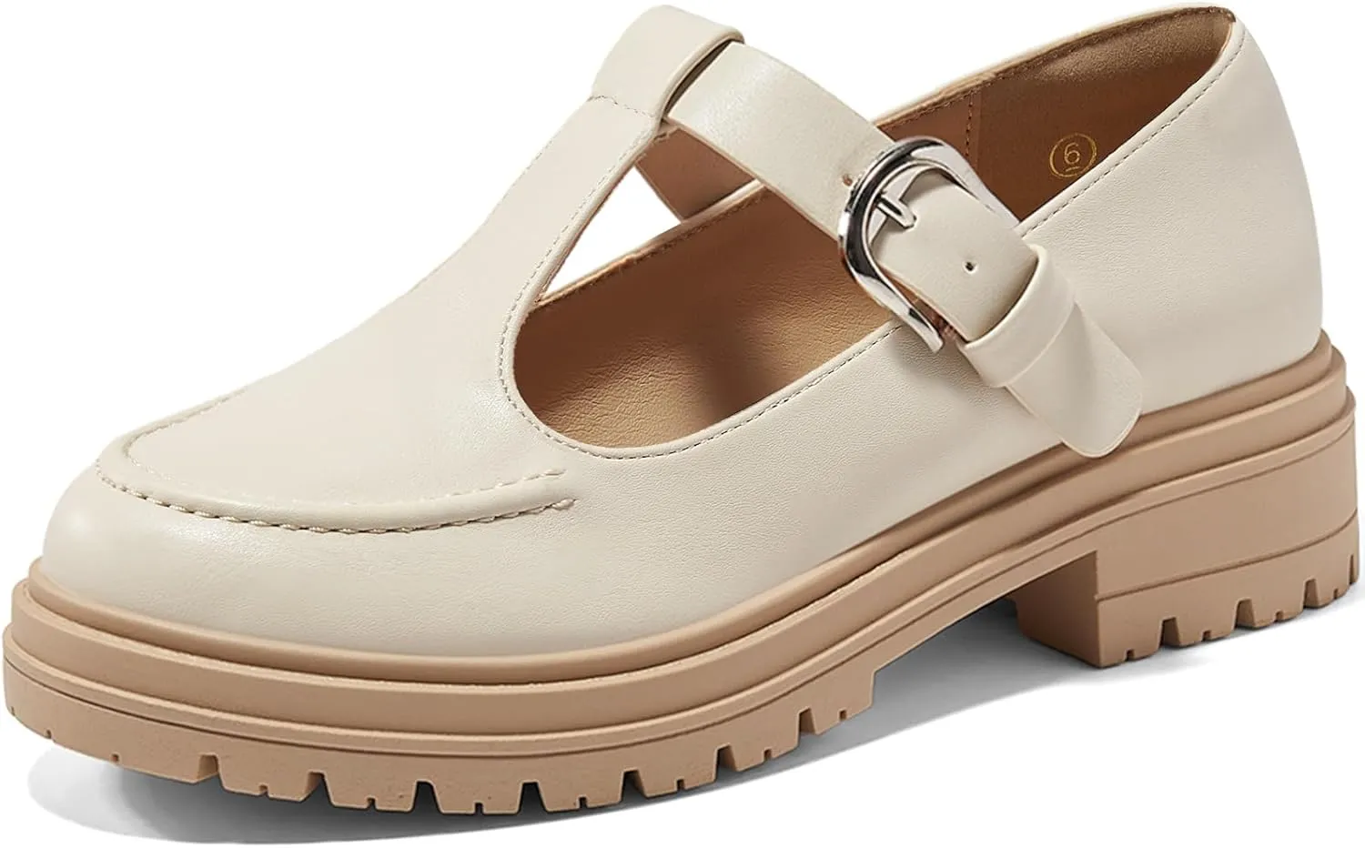 Coutgo Women's Platform Loafers T Strap Chunky Low Heel Buckle Strap Mary Jane Comfortable Casual Office Shoes