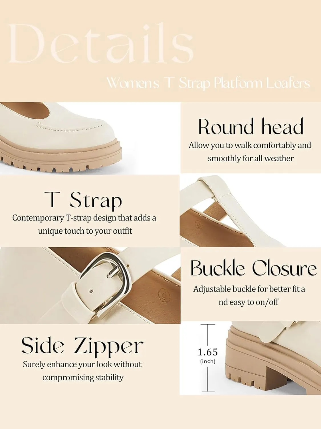 Coutgo Women's Platform Loafers T Strap Chunky Low Heel Buckle Strap Mary Jane Comfortable Casual Office Shoes
