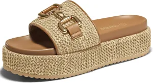 Coutgo Womens Platform Sandals Raffia Espadrilles Metal Chain Slip on Open Toe Cute Beach Slide Sandals