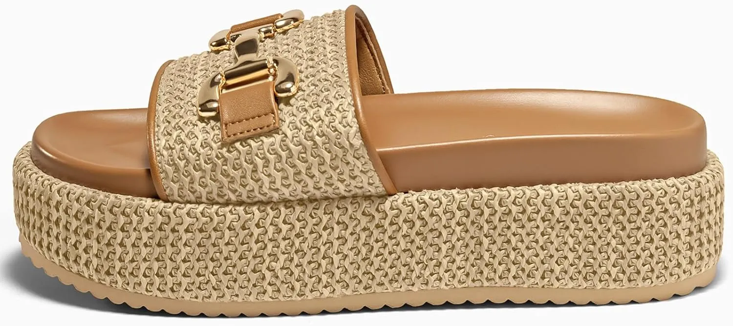Coutgo Womens Platform Sandals Raffia Espadrilles Metal Chain Slip on Open Toe Cute Beach Slide Sandals