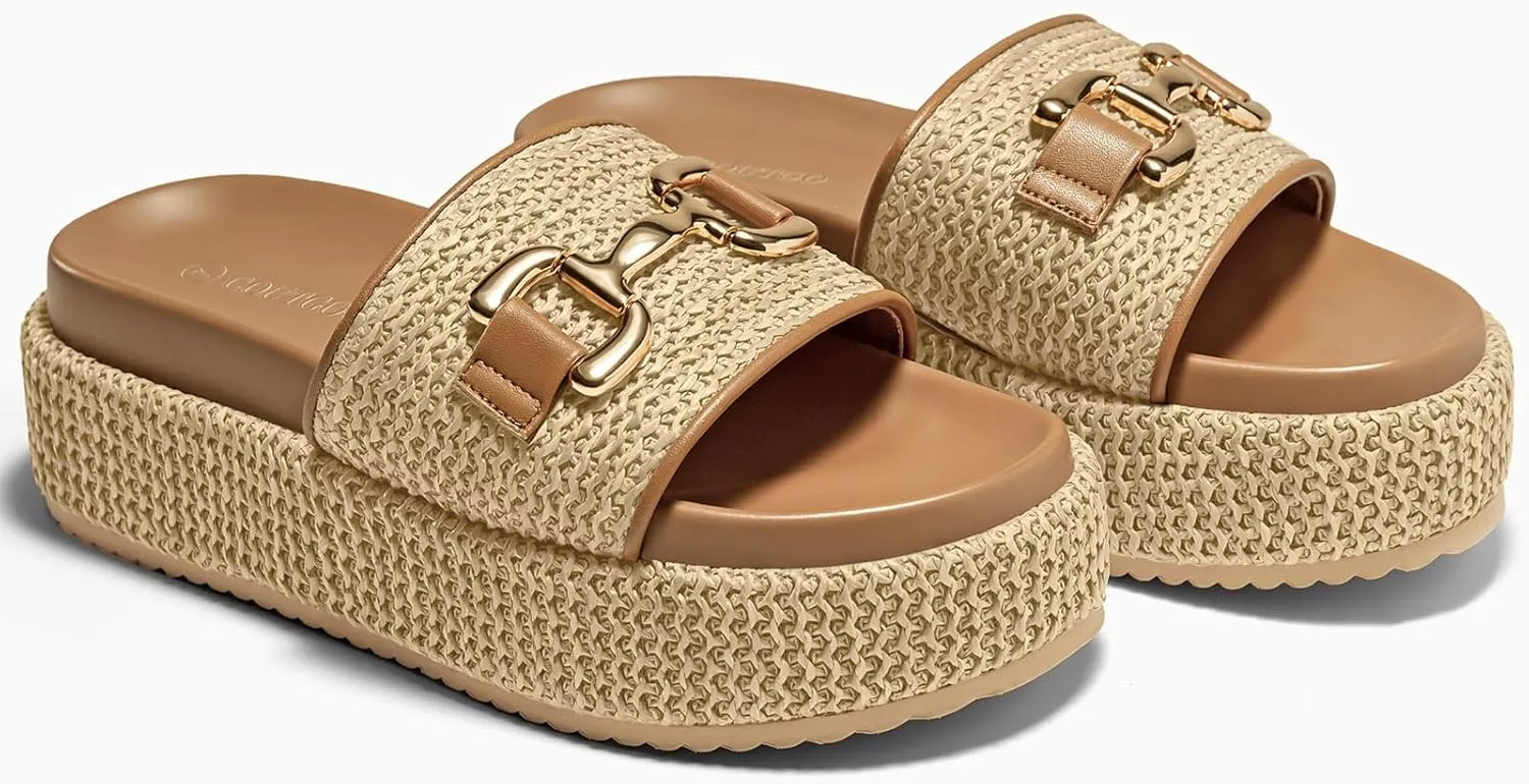 Coutgo Womens Platform Sandals Raffia Espadrilles Metal Chain Slip on Open Toe Cute Beach Slide Sandals