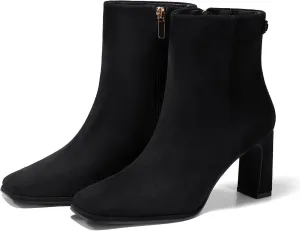 Coutgo Women's Square Toe Ankle Boots Chunky Block Heel Side Zipper Booties Faux Suede Winter Shoes