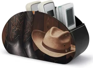 Cowboy Black Hat Western Boots Remote Control Holder PU Leather Remote Caddy TV Remote Storage Box with 5 Compartments Pencil Storage Box Makeup Brush Holder Office Supplies