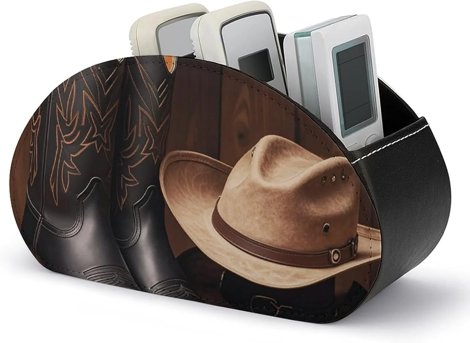 Cowboy Black Hat Western Boots Remote Control Holder PU Leather Remote Caddy TV Remote Storage Box with 5 Compartments Pencil Storage Box Makeup Brush Holder Office Supplies