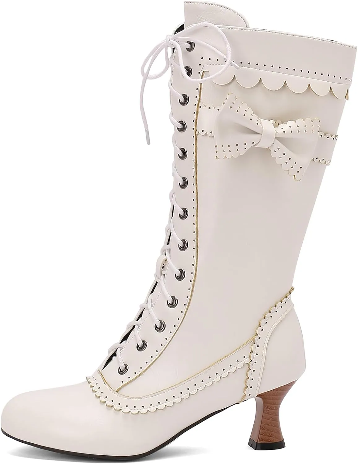 Cozivwaiy Vintage Victorian Boots Bowknot for Women Lolita Dress Boots Lace up Boots Mid Calf Cute Boots Side Zipper 2 inches Heel