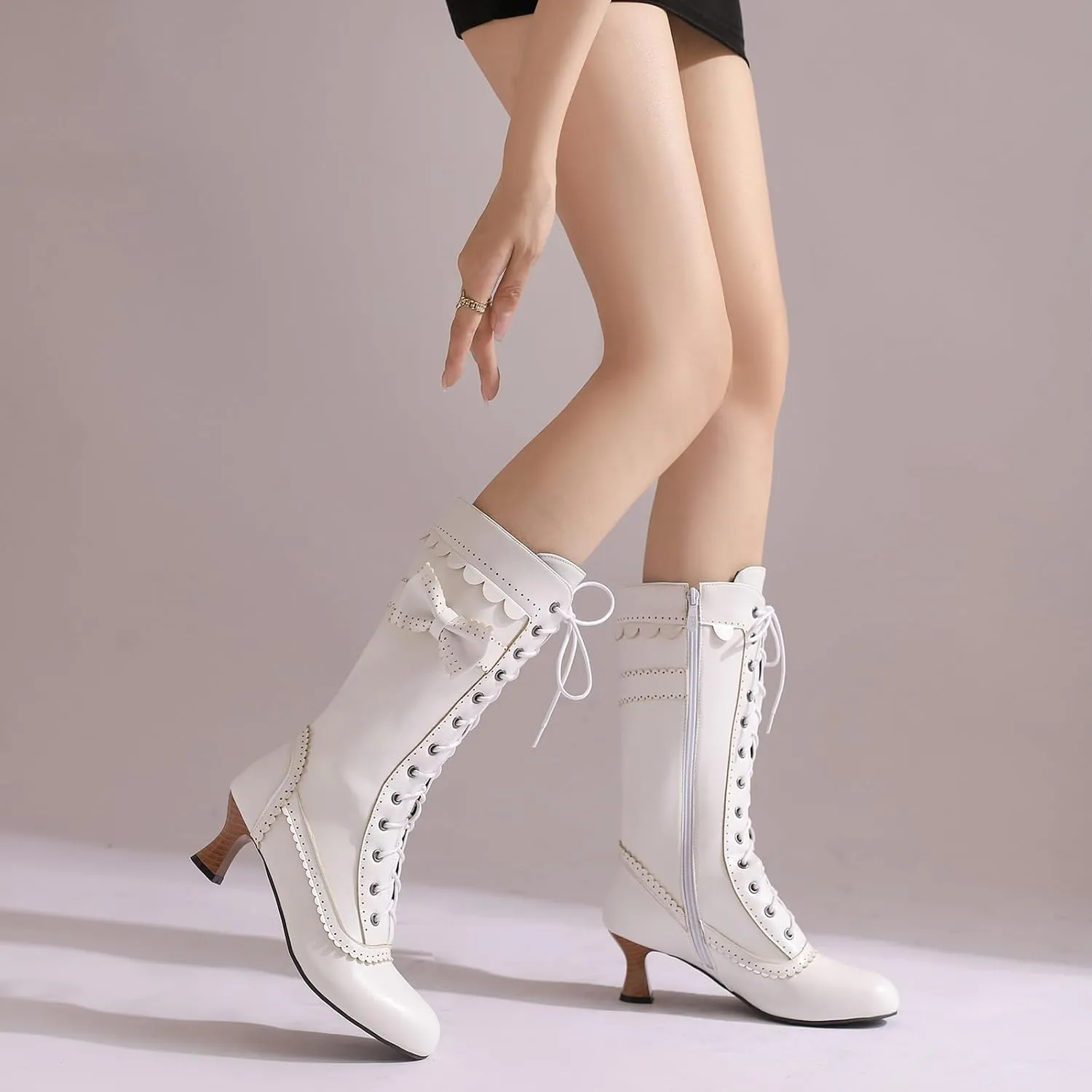 Cozivwaiy Vintage Victorian Boots Bowknot for Women Lolita Dress Boots Lace up Boots Mid Calf Cute Boots Side Zipper 2 inches Heel