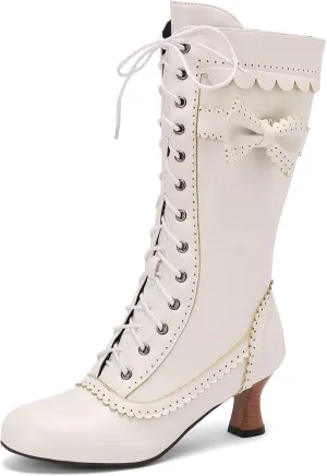 Cozivwaiy Vintage Victorian Boots Bowknot for Women Lolita Dress Boots Lace up Boots Mid Calf Cute Boots Side Zipper 2 inches Heel
