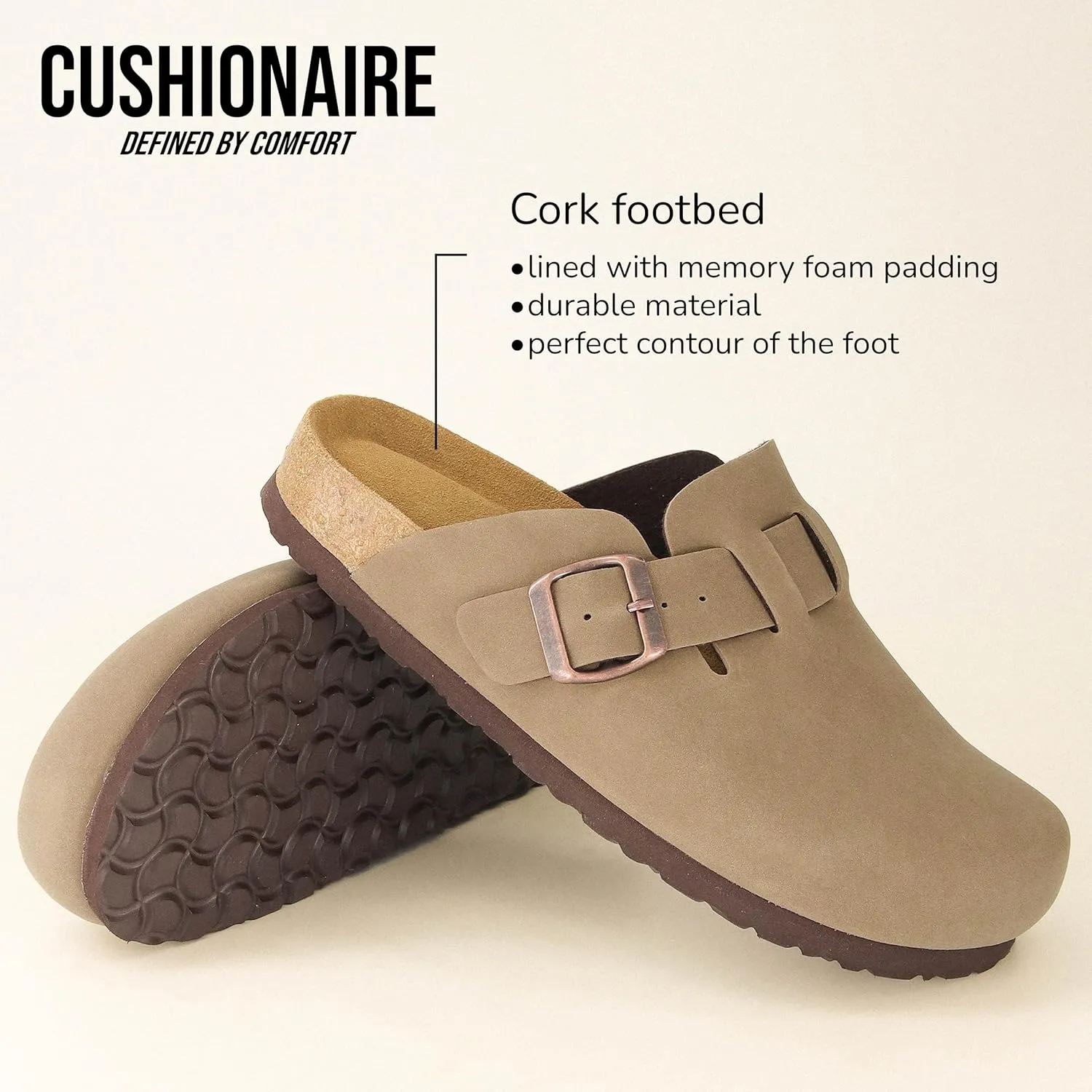 CUSHIONAIRE Hana Slip-On Buckle Clog with Cork Footbed  Memory Foam, Wide Widths Available