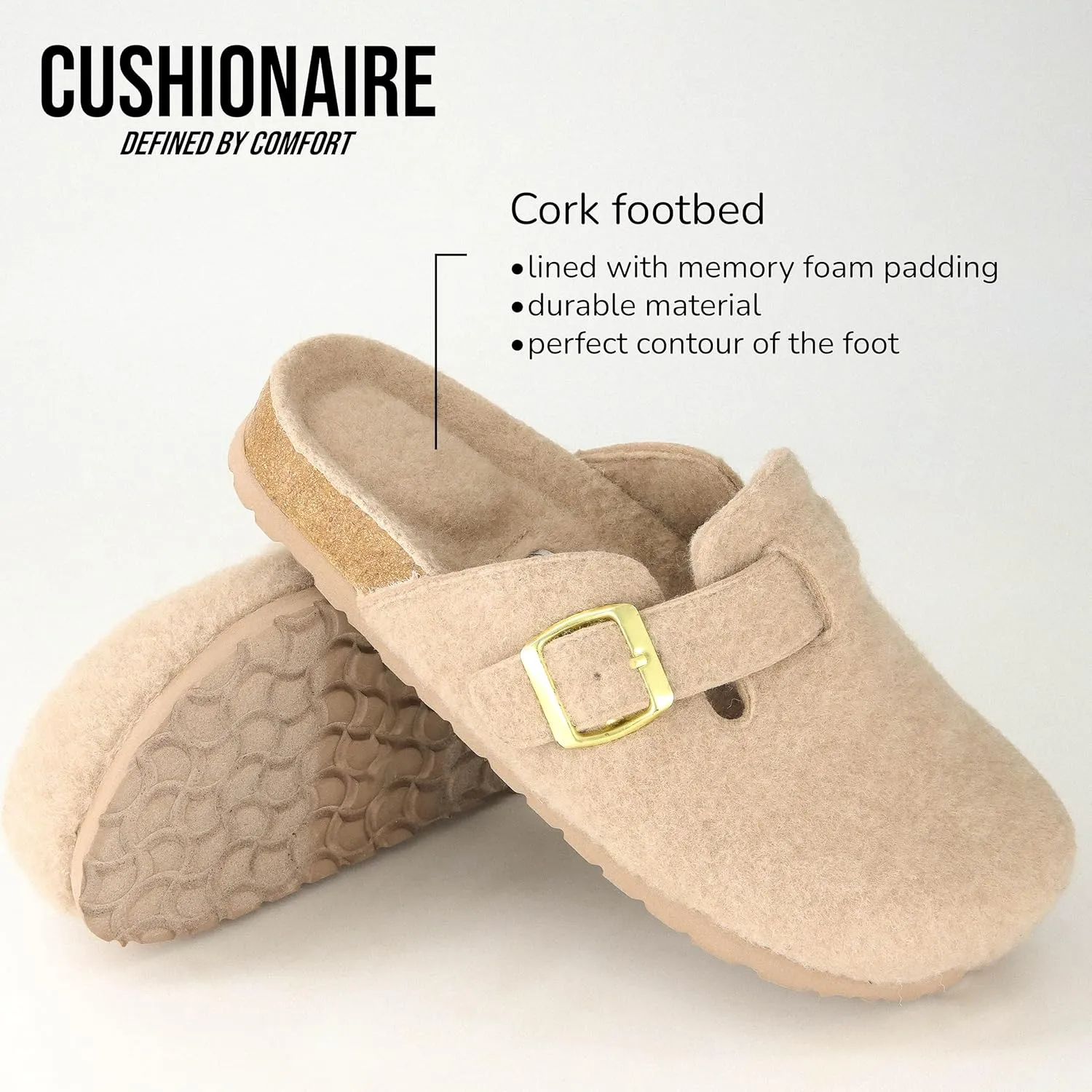 CUSHIONAIRE Hana Slip-On Buckle Clog with Cork Footbed  Memory Foam, Wide Widths Available