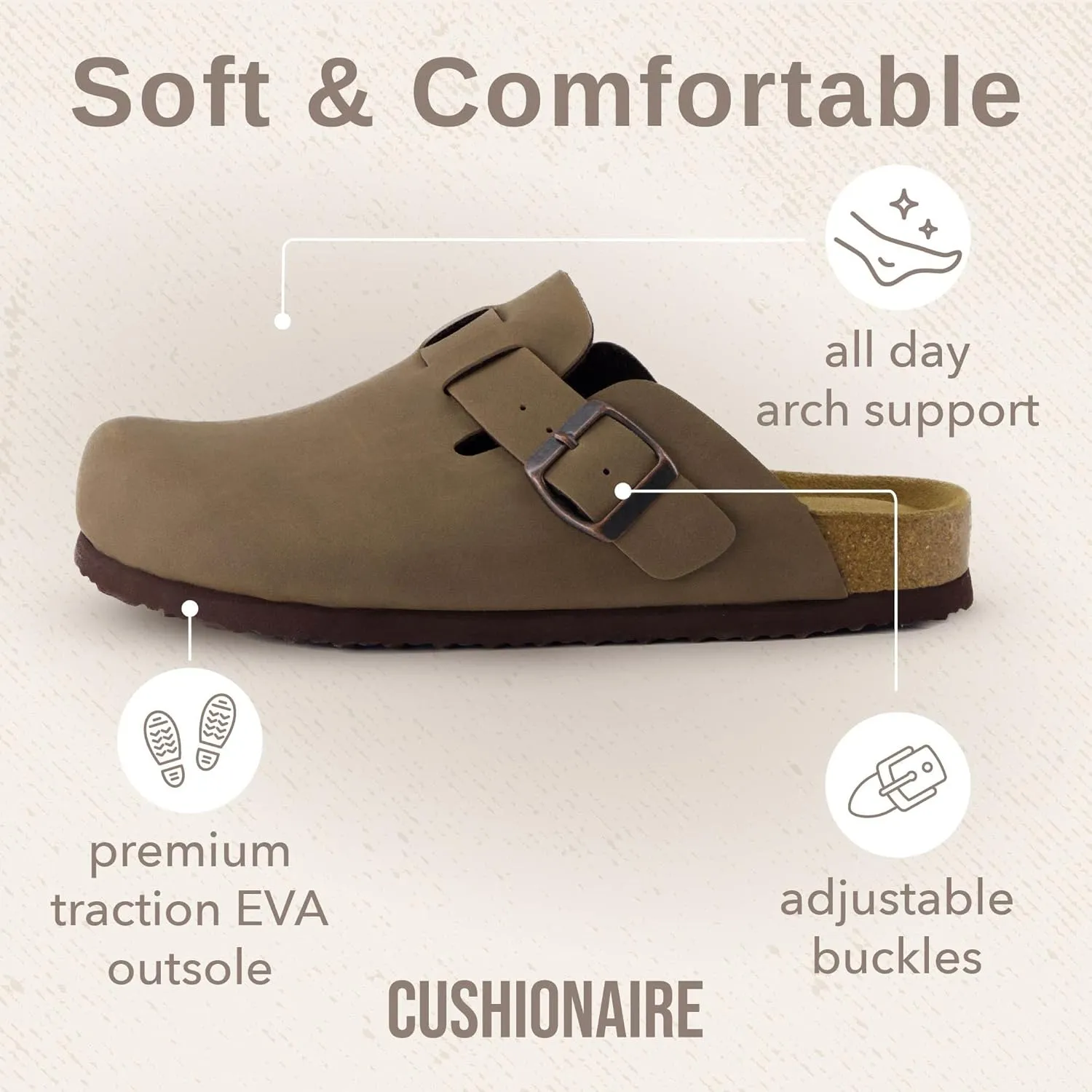 CUSHIONAIRE Hana Slip-On Buckle Clog with Cork Footbed  Memory Foam, Wide Widths Available