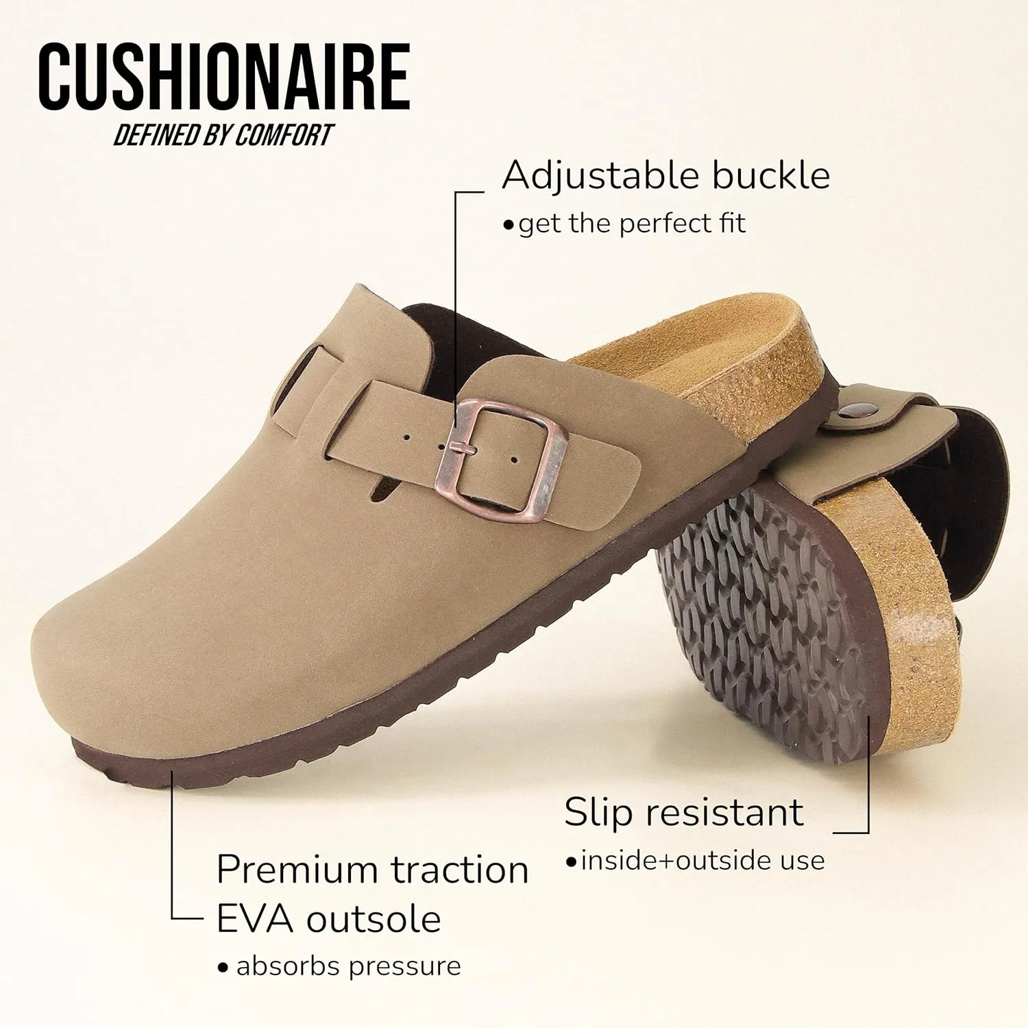 CUSHIONAIRE Hana Slip-On Buckle Clog with Cork Footbed  Memory Foam, Wide Widths Available