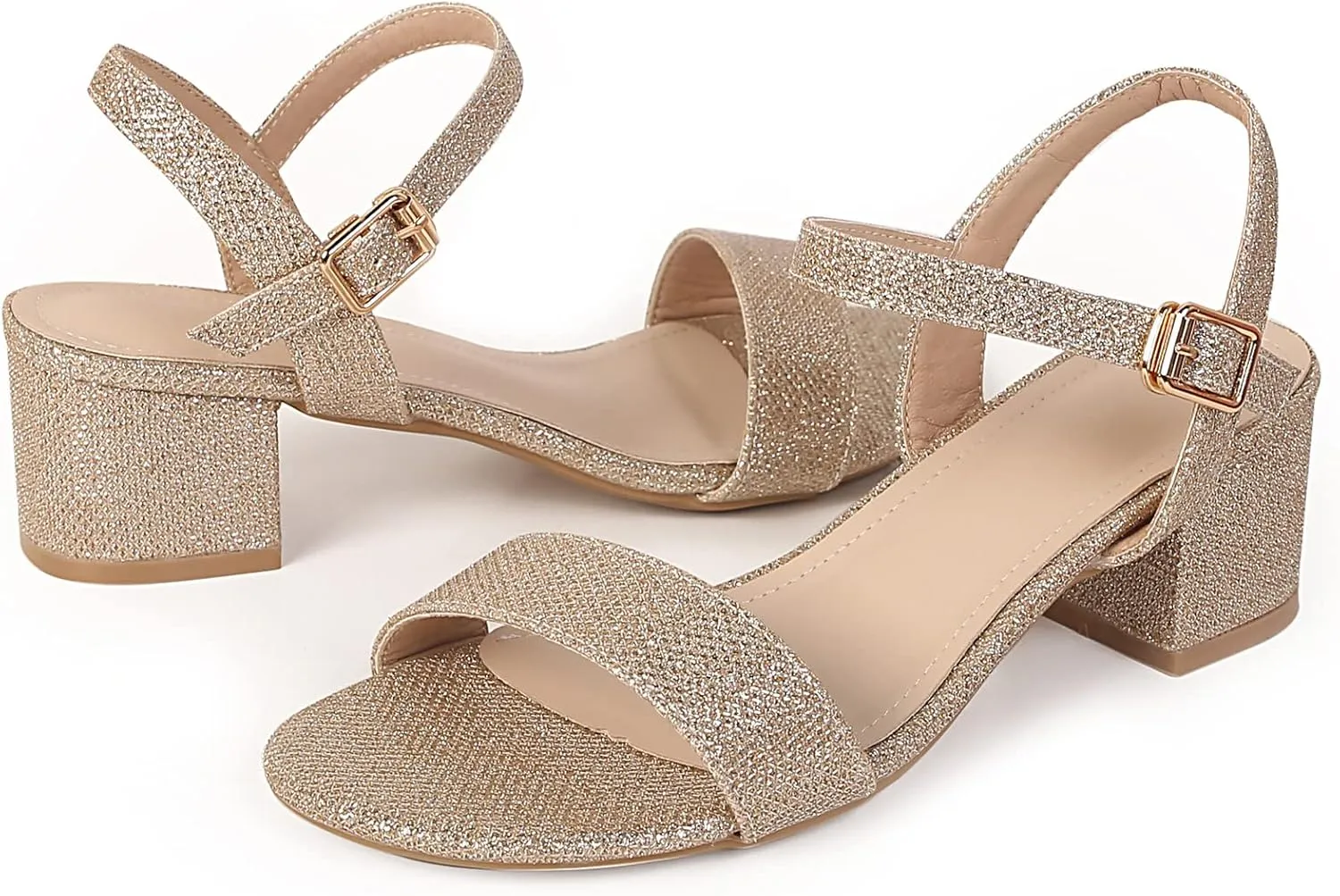 DADAWEN Women's Open Toe Ankle Strap Glitter Low Block Chunky Heels Sandals Party Dress Pumps Shoes