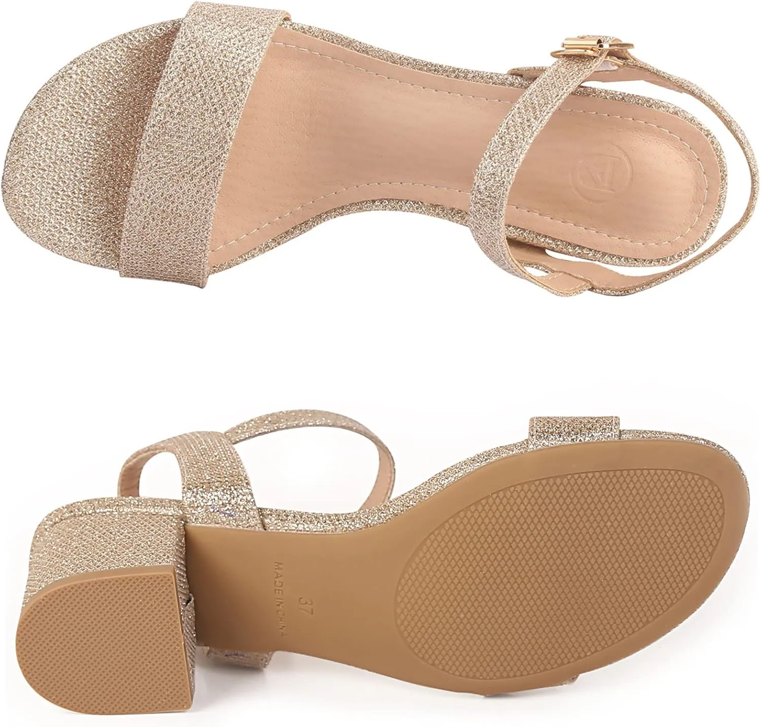 DADAWEN Women's Open Toe Ankle Strap Glitter Low Block Chunky Heels Sandals Party Dress Pumps Shoes