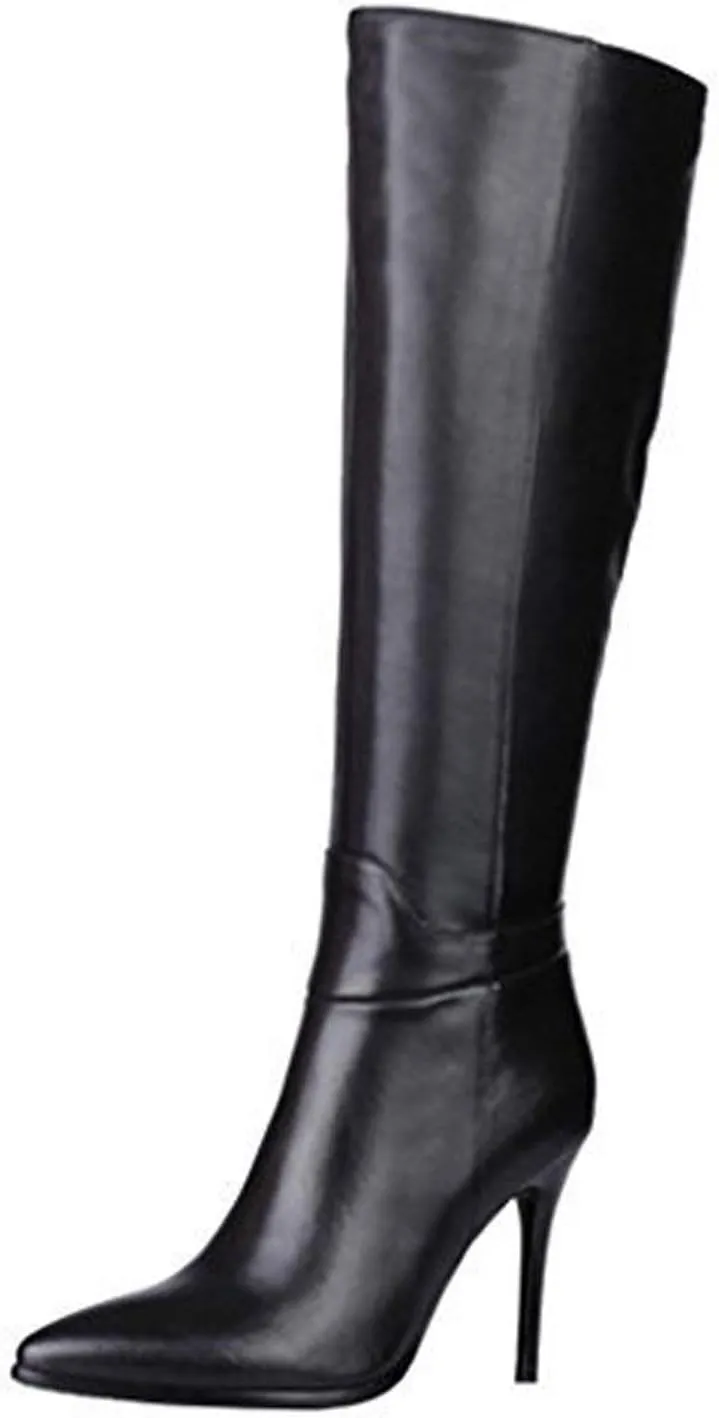 Dance&Style Women's Leather Boots Middle Thin Heels Shoes Zipper Knee High Boots