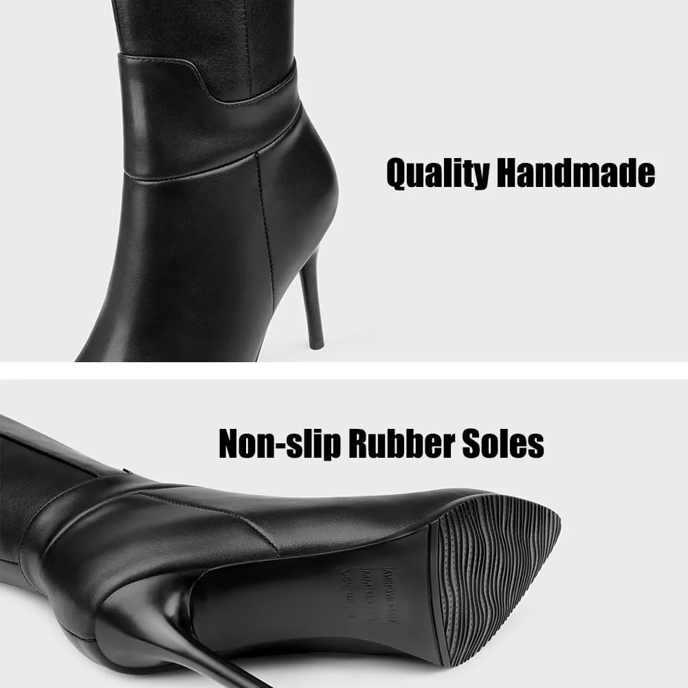 Dance&Style Women's Leather Boots Middle Thin Heels Shoes Zipper Knee High Boots