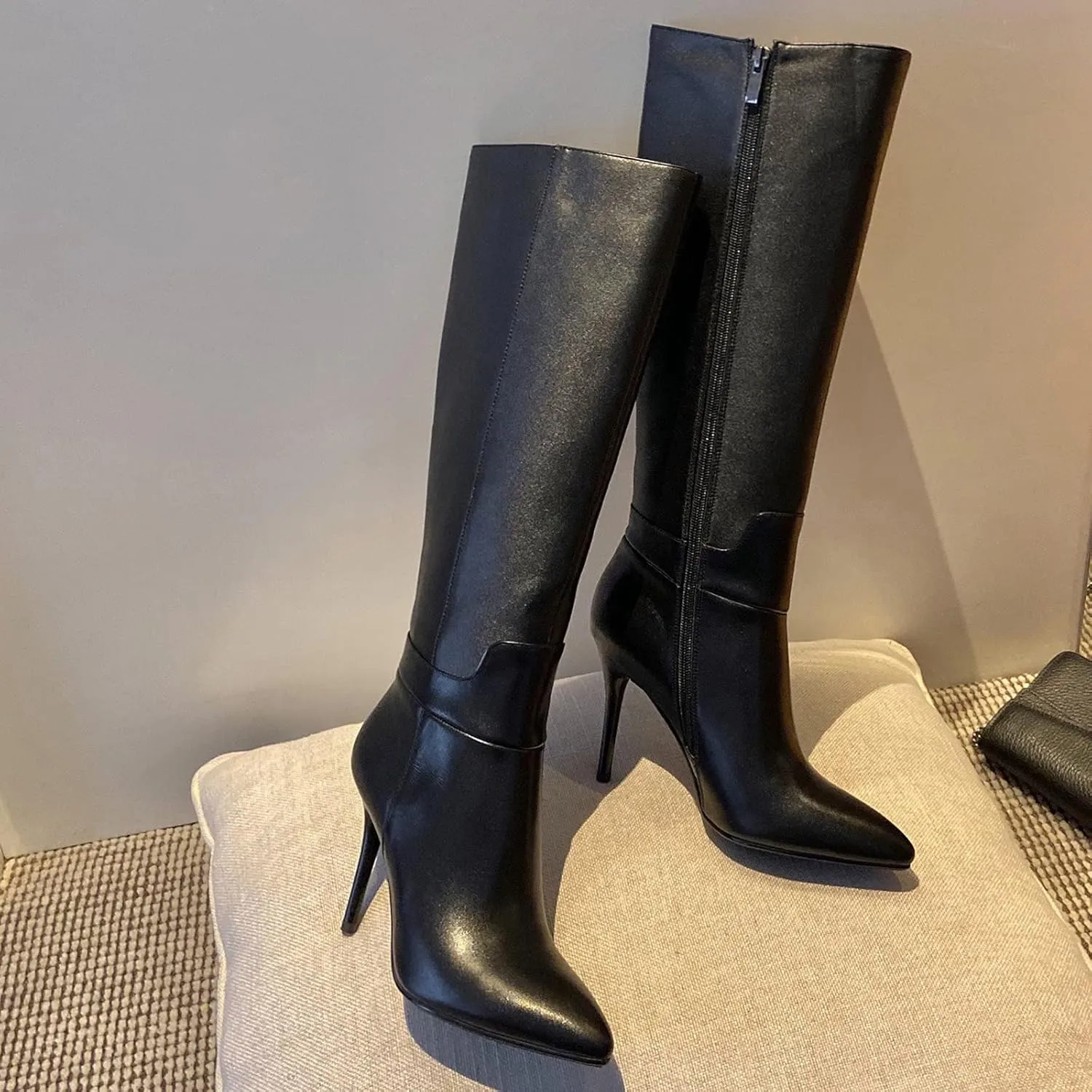 Dance&Style Women's Leather Boots Middle Thin Heels Shoes Zipper Knee High Boots