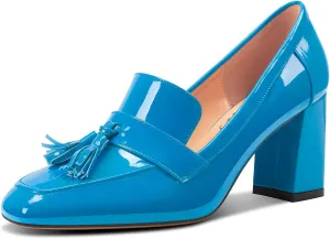 DearOnly Womens Patent Leather Loafers Square Toe Mid Chunky Block Heel Pumps Slip-on Tassel Loafers Office Dress Shoes 3.2 Inches Heels