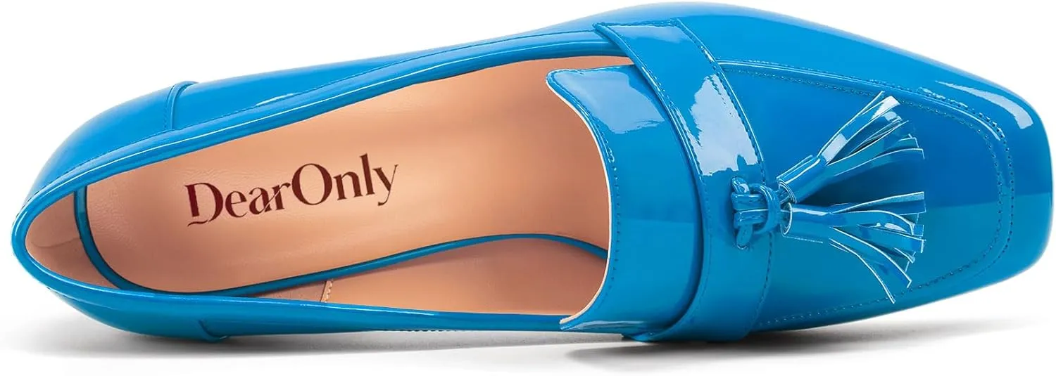 DearOnly Womens Patent Leather Loafers Square Toe Mid Chunky Block Heel Pumps Slip-on Tassel Loafers Office Dress Shoes 3.2 Inches Heels