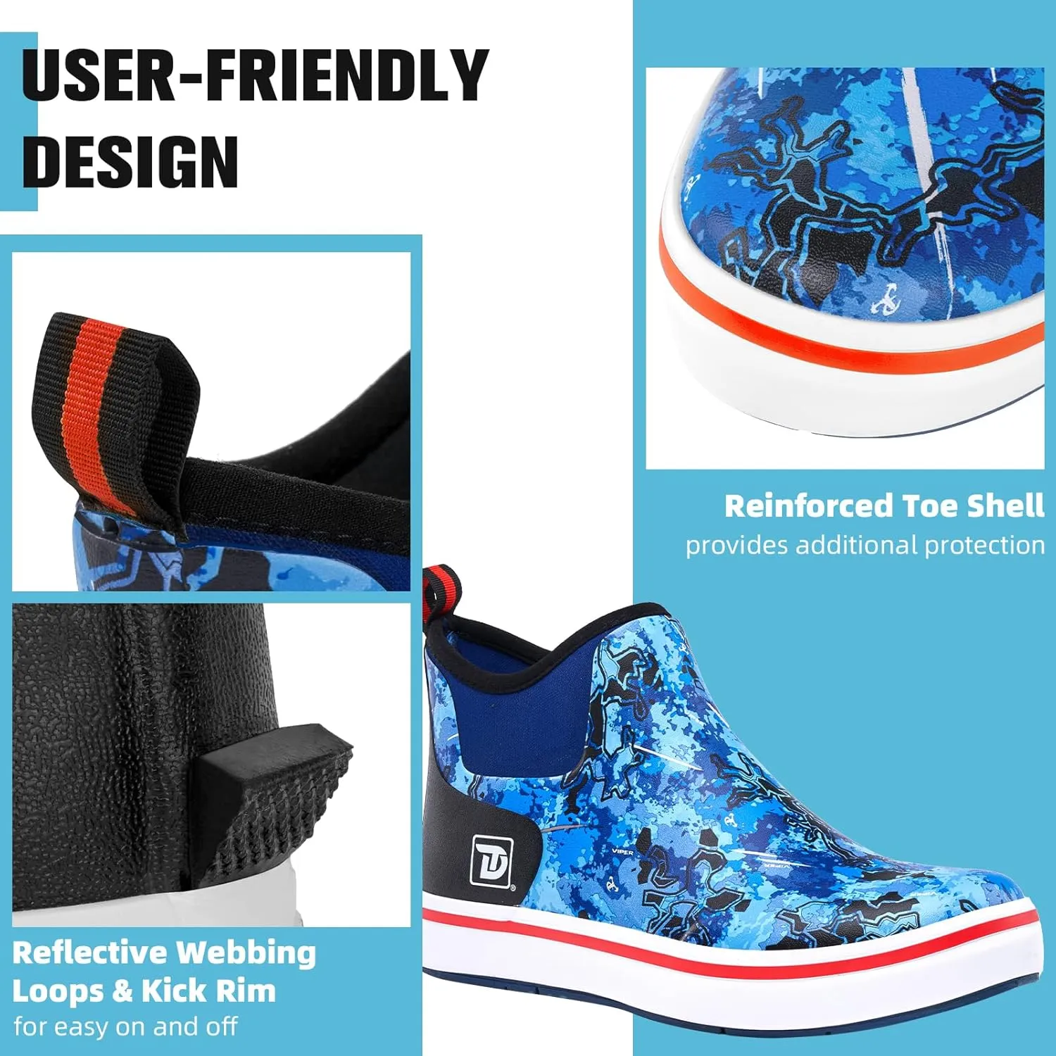 Deck Boots, Waterproof Rubber Fishing Rain Boots, Anti-slip Short Ankle Shoes for Outdoor Fishing Boating, Size 5-14