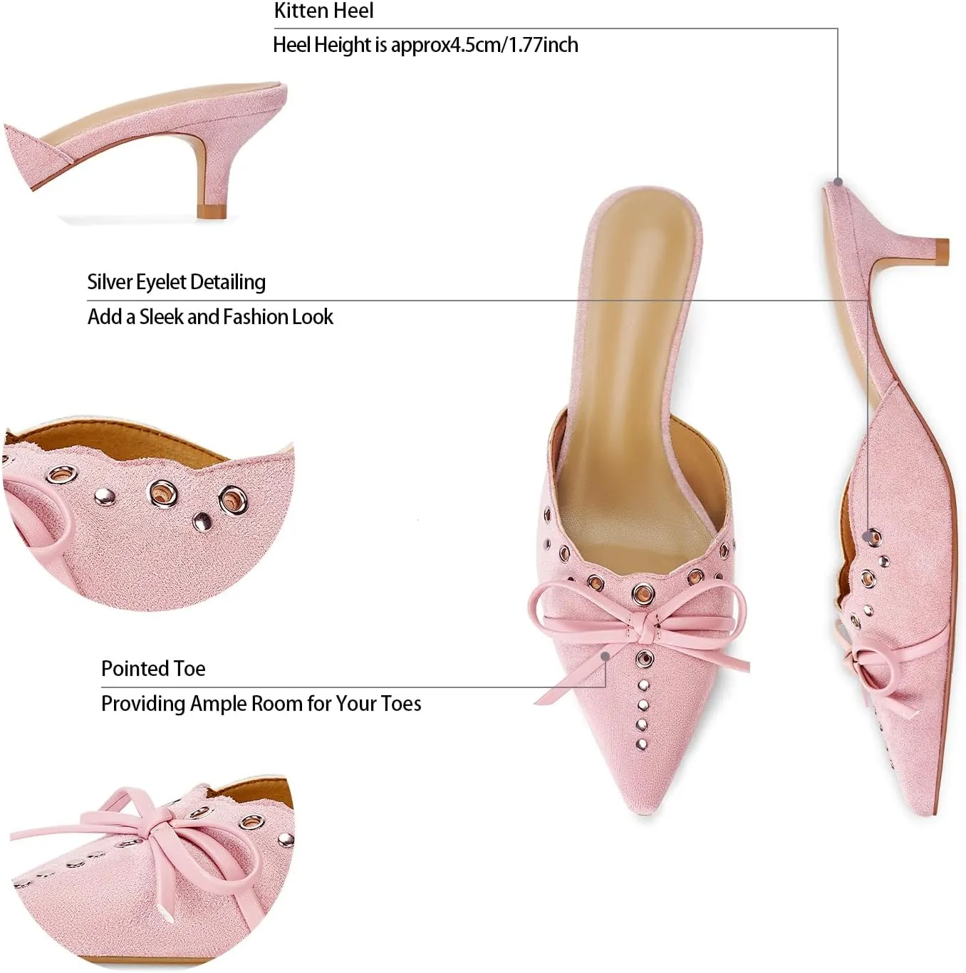 DOEYG Women Pointed Toe Bow Heels Mules Slip on Stiletto Heels Sandals Dress Party Wedding Studded Heels Pumps