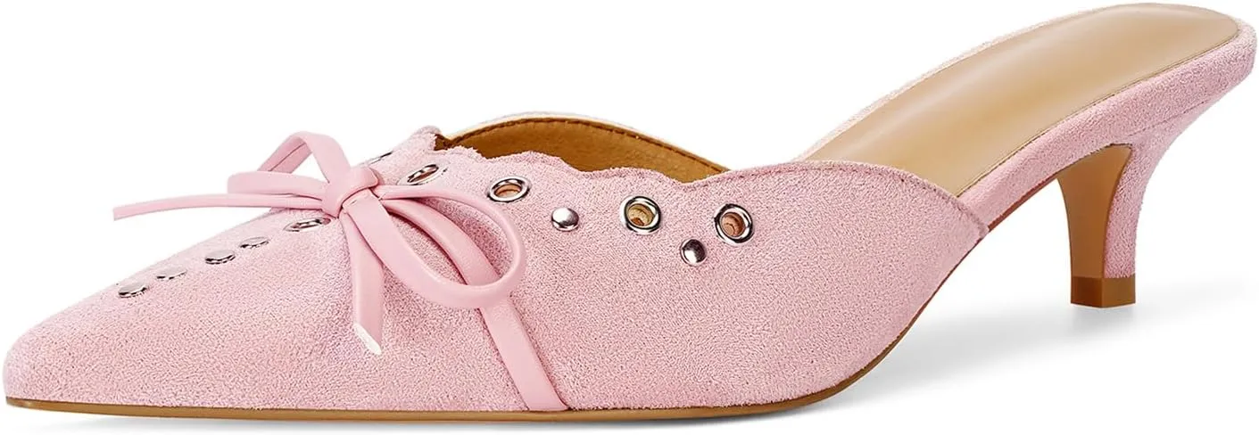 DOEYG Women Pointed Toe Bow Heels Mules Slip on Stiletto Heels Sandals Dress Party Wedding Studded Heels Pumps