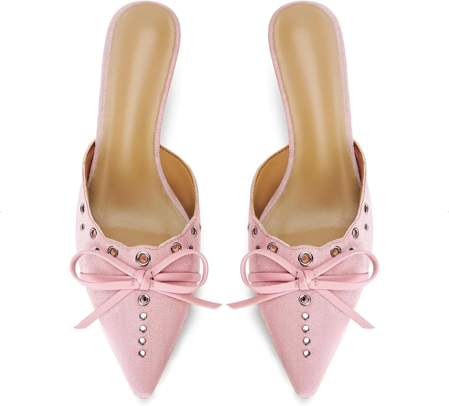 DOEYG Women Pointed Toe Bow Heels Mules Slip on Stiletto Heels Sandals Dress Party Wedding Studded Heels Pumps