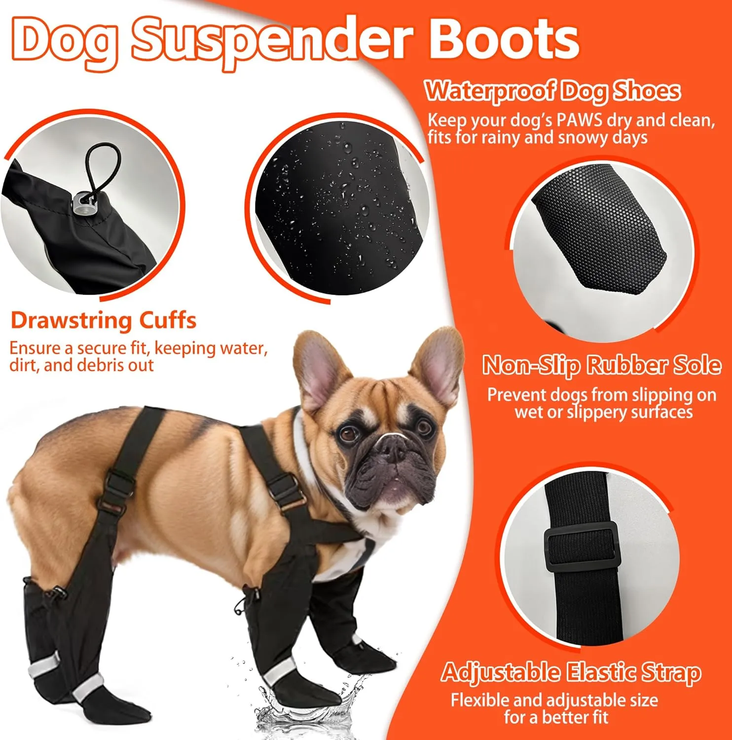 Dog Suspender Boots, Large Dog Rain Boots, Waterproof Doggy Winter Boot Snow Pants, Paw Protectors Legging Shoes with Suspenders, Anti-Slip Reflective Rain Boot for Walk Hike Outdoor Snowy (Black,XL)