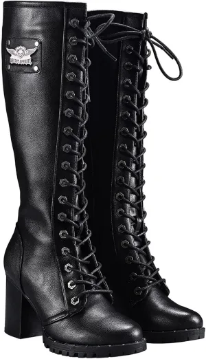 Dream Apparel Women's Faux Leather Lace Up Knee High Boots, Black Motorcycle Riding Boots with Chunky Heel, Sexy Biker Boots with Side Zipper