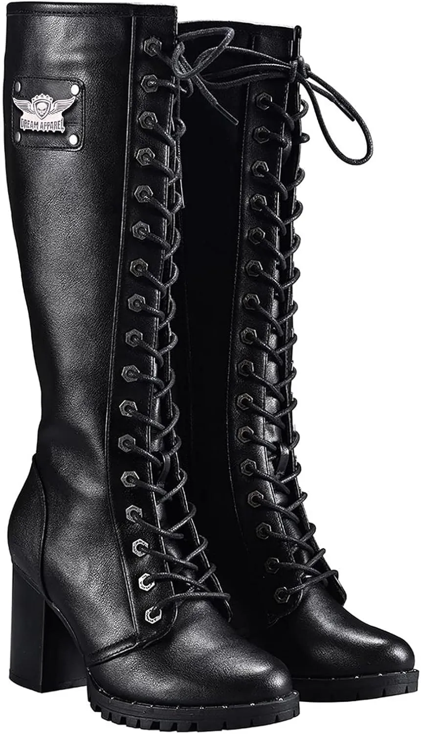 Dream Apparel Women's Faux Leather Lace Up Knee High Boots, Black Motorcycle Riding Boots with Chunky Heel, Sexy Biker Boots with Side Zipper