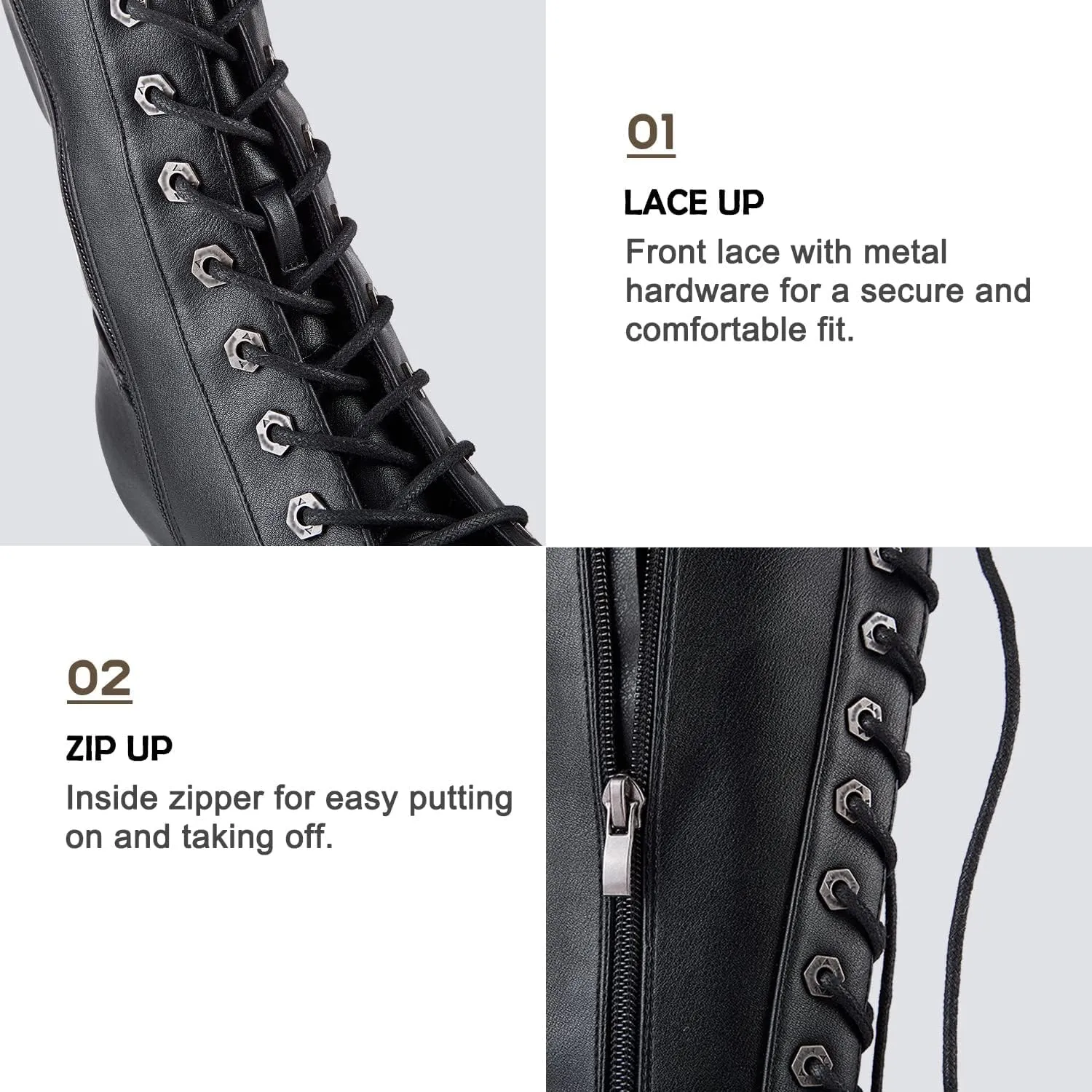 Dream Apparel Women's Faux Leather Lace Up Knee High Boots, Black Motorcycle Riding Boots with Chunky Heel, Sexy Biker Boots with Side Zipper