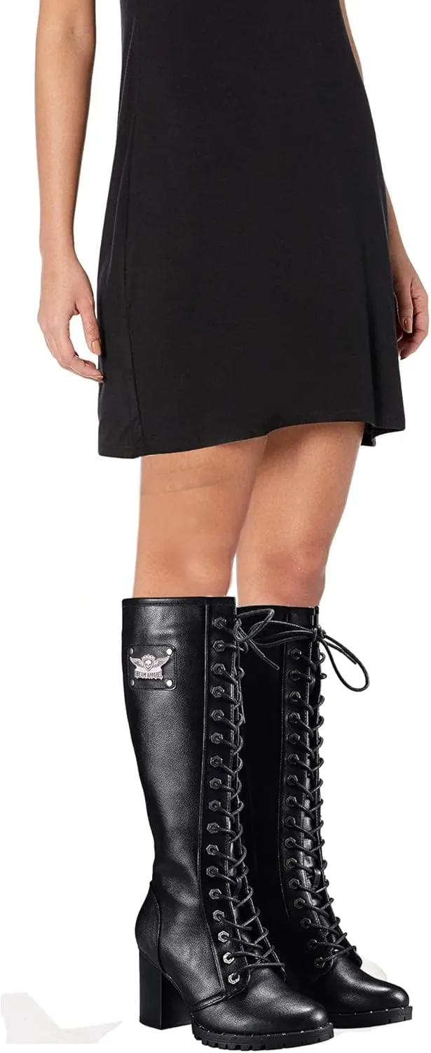 Dream Apparel Women's Faux Leather Lace Up Knee High Boots, Black Motorcycle Riding Boots with Chunky Heel, Sexy Biker Boots with Side Zipper