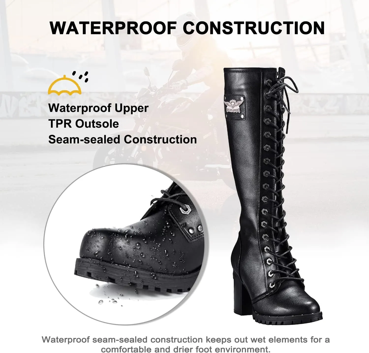 Dream Apparel Women's Faux Leather Lace Up Knee High Boots, Black Motorcycle Riding Boots with Chunky Heel, Sexy Biker Boots with Side Zipper