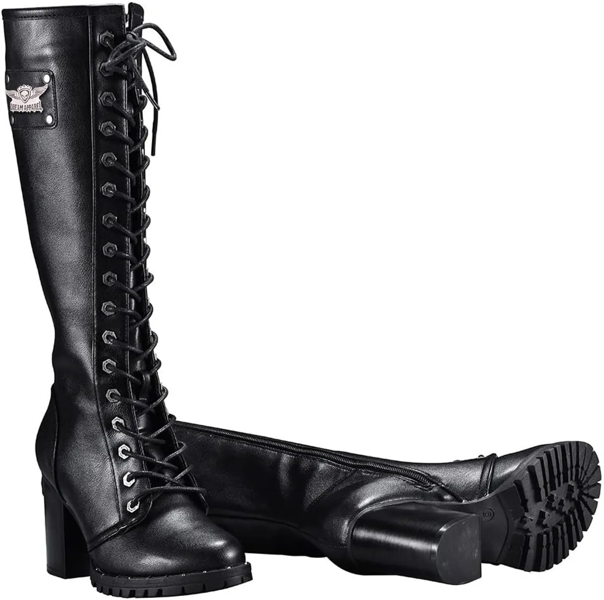 Dream Apparel Women's Faux Leather Lace Up Knee High Boots, Black Motorcycle Riding Boots with Chunky Heel, Sexy Biker Boots with Side Zipper