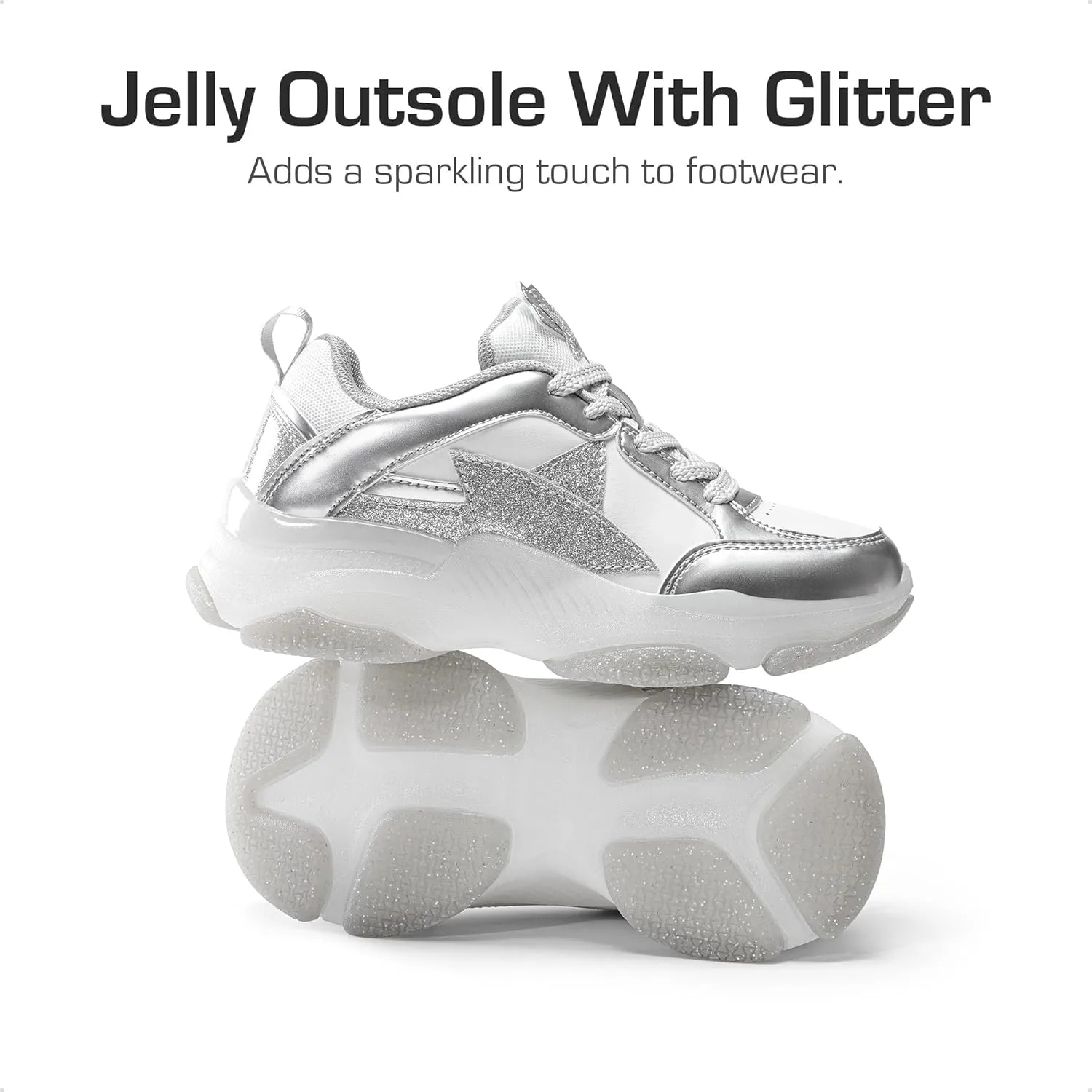 DREAM PAIRS Girls Sneakers Lace up Lightweight Sparkle StarGlow Breathable Jelly Sole Kids Walking Shoes Casual Sports